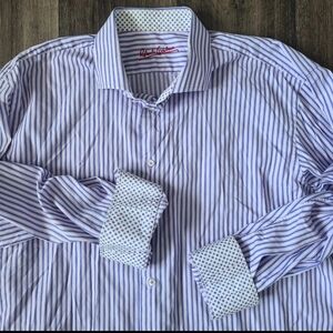 Robert Graham Mens Dress Shirt Size 46 18 XL Purple Blue Strip Flip Cuff Cotton